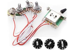 RUNCCI-YUN Electric Guitar Wiring Harness Kits for Strat Style Guitar Replacement, 2T1V Control Knobs 5-Way Switch 500K Pots with Jack, Black Tip (1 Volume x 2 Tone Control Knob Black)