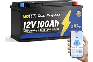 ‎WATTCYCLE Wattcycle 12V 100Ah LiFePO4 Lithium Batterie mit Bluetooth, 1200CCA/1500MCA Dual Purpose Marine Starterbatterie, Selbstheizung & 200A BMS – Perfekt für Boot & Trolling Motor