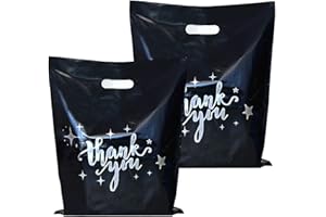 JIUMO 100 Pack Thank You Merchandise Bags, 9x12 In Black Plastic Thank You Bag with Handles,Shopping Bags for Small Business, Gift Bag Bulk, Retail Boutique for Clothes Stores Wholesale (Black)
