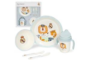 Interbaby - Set de Vajilla Infantil 5 Piezas Real Madrid Azul | Plato llano, Bol, Cubiertos y Vaso antigoteo | Apto para Lavavajillas | Apto para Microondas | Licencia Oficial | Libre de BPA