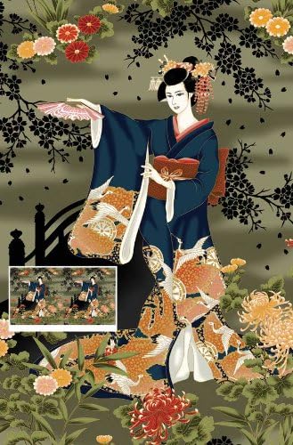 Geisha Hana Bashi Taupe Panel Cotton Quilting Fabric - 60cm x 110cm
