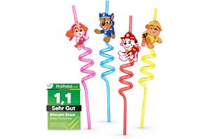 Paw Patrol återanvändbara plastsugrör – 4 st färgglada lockiga sugrör för barn, roliga Bendy tecknade sugrör för födelsedagsf