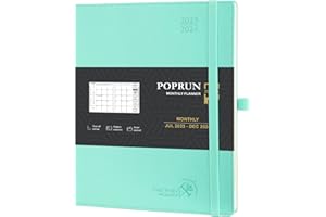 POPRUN Agenda 2023 2024 Mensuel Scolaire 22 x 16,5 cm-De juillet 2023 à déc 2024 avec Couverture Rigid,Poche papier pliable, Porte-stylo autocollant, Papier Certifié FSC®100 g/m²-Menthe Verte