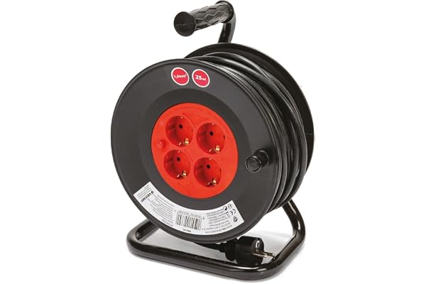 Gör-det-själv-kabelrulle med 4 standard Schuko-uttag, H05VV-F3G1.5MM2-kabel, 25 meter, CE