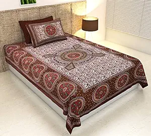 UNIBLISS Cotton Comfort Rajasthani Jaipuri Traditional Printed Single Bed Sheet with One Pillow Cover - (Brown- 088)