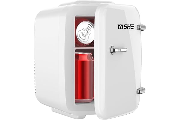 YASHE Mini Frigo de Chambre, 4 Litres/ 6 Canettes, Petit Frigo Thermoélectrique CA/CC pour Boissons, Nourriture, Beauté, Bureau, Dortoir, Voiture, Blanc