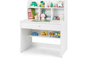 LIFEZEAL Escritorio Infantil con Estante, Escritorio Enfantil con Estantería y Cajón Grande, Mesa de Aprendizaje de Madera para Niños y Niñas a Partir de 3 Años, 80 x 48 x 102 cm (Blanco)