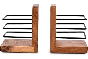 EDHAS Decorative Bookend Iron & Acacia Wood for Shelves, Handmade Book Holders to Hold Books Firmly on Bookshelf (Set of 2), (10.16cm x 10.16cm x 12.7cm)