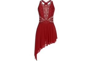 Oyolan Femme Robe Patinage Artistique Asymétrique Justaucorps Gymnastique Danse Strass sans Manches Tenue Danse Contemporaine Dancewear S-XXL