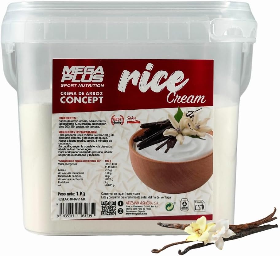 Crema de Arroz - Mega Plus Concept - Crema de arroz en polvo - Sin azúcares añadidos - alto en carbohidratos - Sin Gluten - Sin Lactosa- 1 kg (1 Kg, Vainilla)