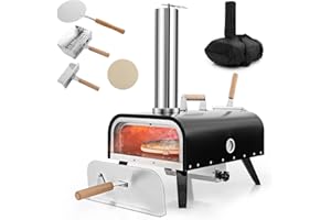 GYMAX Four à Pizza à Bois ou à Pellets, Four à Pizza Extérieur, Température Max. 350℃~400℃, Cuisson Facile avec Thermomètre, Pierre à Pizza Rotatif, Pelle à Pizza, Pelle à Bois, Housse de Protection