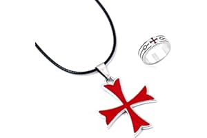YouU 2 Pcs Masonic Knights Templar Crusader Red Cross Stainless Steel Pendant Necklace and Ring for Men