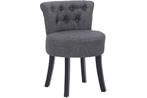Warmiehomy Vanity Dressing Table Chair With High Backrest,Button Design Linen Fabric Makeup Table Stool, Padded Dressing Table Stool For Bedroom Furniture Wooden Legs 40 * 40 * 69CM Grey