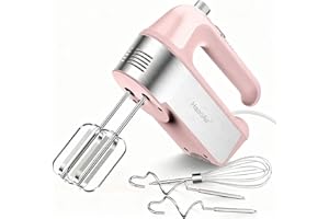 HaooAir 450W Elektro-Handmixer, 5-Gang-Handmixer mit Messbecher-aufbewahrung, 5 Edelstahl-Zubehör, Turbo-Boost, Auswurftaste, Küchenmixer für Backen, Pink