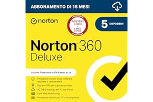 NORTONLIFELOCK Norton 360 Deluxe 2026| Antivirus 5 dispositivi|15 mesi| Digital Download