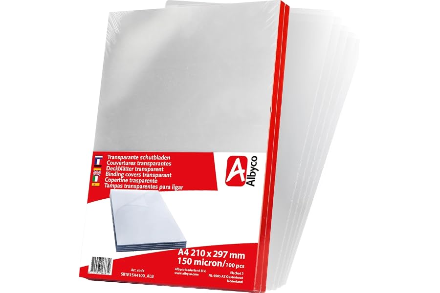 Albyco Cubiertas Transparentes Brillantes, Portadas para Encuadernar de PVC Grosor 0,15 mm/150 Micras, Tamaño A4 (210 x 297 m