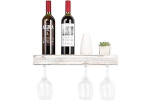 JJUUYOU Portabottiglie da parete in legno per calici da appendere, organizer per 5 bicchieri da vino, lunghezza 43 cm, bianco rustico