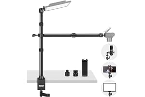 NEEWER TL253A+DS001 statyw do aparatu fotograficznego z 2 teleskopowymi wysięgnikami, uchwyt na telefon, telefon komórkowy, kamerę internetową, pierścień świetlny, głowice kulowe, adapter śrubowy,