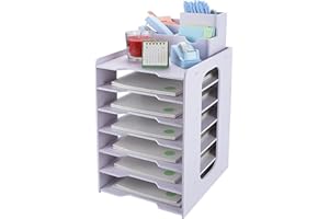 IOUGDSEC Letter Tray Desk Organiser with Filing Trays, 7 Tier Paper File Tray with Pen Holder For Office Desk, A4 Desk Tidy Organiser File Document Holder For Office Home School, White