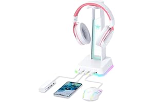 PHNIXGAM RGB-Kopfhörerständer mit 3,5-mm-AUX- und 3-Port-USB-2.0-Hub, universeller Gaming-Headset-Aufhängerhalter für Computer-Gaming-Gamer-Zubehör (Weiß)
