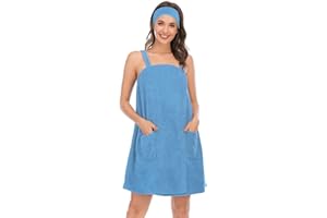 Jamron Mujer Vestido de Toalla de Baño Ajustable con Diadema para Ducha Snuna SPA y Playa Azul XL