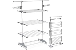 vounot Séchoir à Linge Pliable avec roulettes Grande Capacité Etendoir en Acier Inoxydable Ailes Pliables sur 3 Niveaux 23m de Séchage pour Usage Intérieur/Extérieur