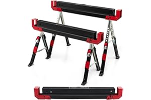 FANTASK Set di 2 cavalletti da lavoro, regolabili in altezza, portata fino a 1180 kg, con maniglia, pieghevole, in PVC, antiscivolo, colore: rosso e nero