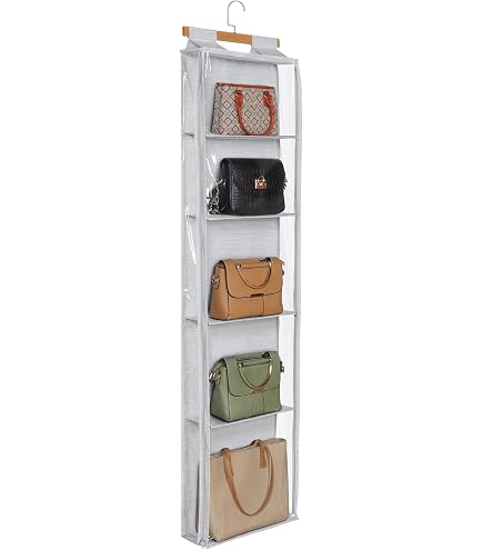 Organisateur Suspendu Pour Sacs à Main - 4 Poches En Maille Respirante, Crochet Acier, Pliable, Couleur Beige