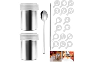 ZDYFC Solniczka do kakao ze stali nierdzewnej 304, 2 sztuki, z pokrywką, z 16 szablonami do kawy, cappuccino, łyżka do mieszania ze stali nierdzewnej