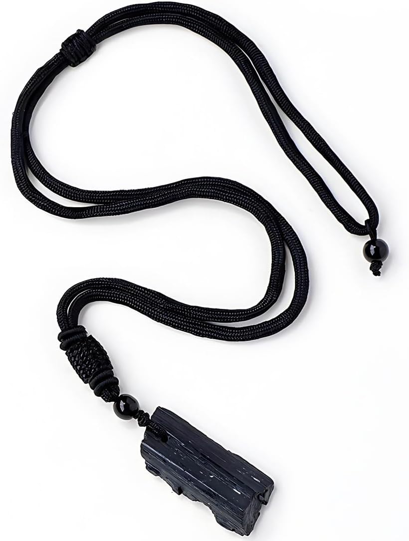 YIPFEN 1 Pcs Colgante de piedra preciosa auténtica con cordón de algodón, cadena de turmalina negra natural, collar de piedra turmalina negra, piedras curativas, regalo para hombres (Negro)