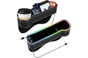 BQWEUN 2 Stück Multifunktionale Aufbewahrungsbox für Autositze mit Getränkehalter, 2 USB-Anschluss, LED Licht Autositz Lückenfüller, Auto Becherhalter Einsatz, Auto Organizer Vorne Mittelkonsole