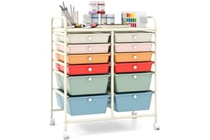 COSTWAY 12 Drawers Rolling Storage Cart, Home Office Stationary Utility Trolley with 4 Wheels, Multipurpose Mobile Organiser Shelving Unit for Makeup Beauty Salon (Colorful)