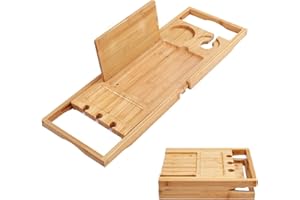 Utoplike Bamboo Bathtub Caddy Tray Bath Tray for Tub, Adjustable Bathroom Bathtub Organizer with Book Tablet Wine Glass Cup Towel Holder