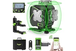 Huepar 4D Niveau Laser, Niveau laser auto-nivelant à 16 lignes, LCD, Bluetooth Faisceau Vert Ligne Croisée Outil Pour Carrelage, Horizontale/Verticale à 360°,Télécommande & Étui de Transport