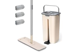 Masthome Serpillère Plate et Seau avec Essoreur, Balai Serpillère avec 3 Serpillères et Manche INOX, 2 in 1 Sceau Menage Essoreur, Balais Nettoyer Sol Carrelés, Parquets