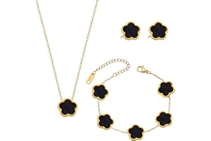 GWAWG Set de Bijoux Trèfle à 4 Feuilles Porte-Bonheur pour Femme, Collier, Boucles d'Oreilles & Bracelet en Acier Inoxydable Doré 18K, Cadeau pour Saint-Valentin, Fête des Mères, Noël