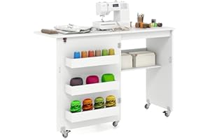 COSTWAY Table de Couture Pliante à roulettes, Armoire pour Machine à Coudre Roulante avec Étagère de Rangement, 3 Bacs Cachés, Meuble Couture pour Salon, Bureau, Studio (Blanc)