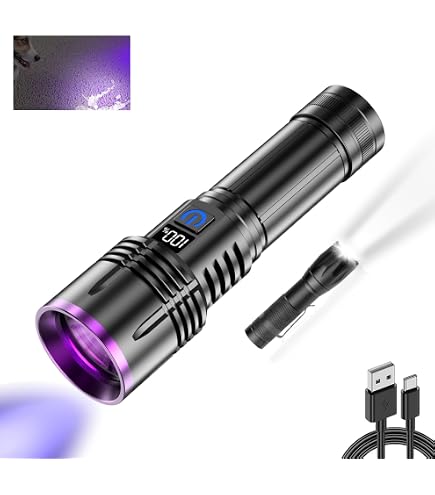 Lampe De Poche UV Jectse – 254/365/395 Nm, Double Tête, Rechargeable USB-C 2000 MAh, Détecte Urine Chat