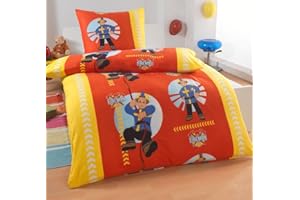 DreamHome 2 teilige Kinder Warme Kuschel Fleece Bettwäsche 135x200 + Kissenhülle 80x80 Einhorn Feuerwehrmann Pferd Pinguin, Designe:Feuerwehrmann