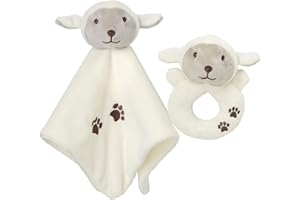 CREVENT Cozy Plush Baby Security Blanket Loveys for Baby Girls Boys, Stuffed Animal Ring Rattle Shaker Toy for Newborns (Sheep + Handbell)