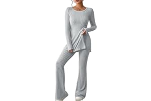 GETERUUV Dinnerie Zweiteiler Damen Strickanzug Langarm Gerippt Strickpullover + Lange Schlaghose Sportanzug Lounge Set Freizeit Outfit