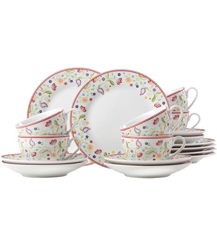 MamboCat Viola Koffieservies, 18-delig, wit porseleinen servies met bloemendecoratie voor 6 personen, 6 kopjes à 170 ml, schoteltjes en borden voor ontbijt en koffie