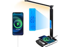 XIMI-V LED Desk Lamp with Wireless Charger, Table Lamp with Clock, Alarm, Date, Temperature, Office Lamp, Desk Lamps for Home Office (Black(Night Light))