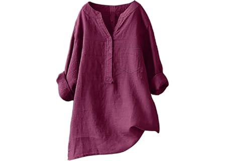 Linneblusar långärmad för kvinnor damer blus bomull, casual v-ringad skjortor ren färg muslin skjort - Amazon Deal & Rabatt