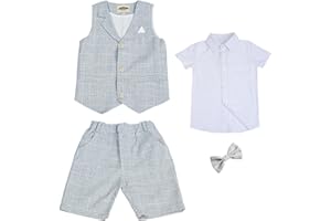 aromm 4 Piezas Niños Traje Boda Verano Slim Fit Conjunto de Camisa y Pantalones Cortos y Chaleco y Pajarita para Fiesta Cumpleaños Escuela