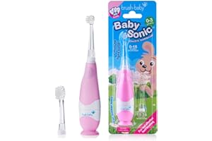 Brush-Baby - BabySonic - Spazzolino elettrico rosa, 0-36 mesi, morbido e delicato, per gengive sensibili e denti nuovi, con luce LED e base di aspirazione, testine per neonati e bambini