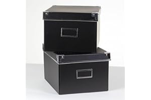 Casâme Lot de 2 Boîtes de Rangement - Carton Noir - Finitions Métal - Avec Couvercle - Design Moderne - Porte Étiquette - Pour Salon, Bureau, Chambre - L21 x P26 x H15 cm