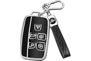 FT FUNTOR for Range Rover Key Fob Cover,Suitable for LR4 Range Rover Sport Evoque Jaguar XJ F-pace,5 Buttons TPU for Jaguar Key Fob Case with Silver Edge (Black)