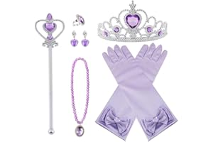 Vicloon Princesa Vestir Accesorios, 7 Pcs Azul Elsa Princesa Accesorios de disfraces, Regalo Conjunto de Belleza - Corona Anillo Sceptre Collar Pendientes Guantes