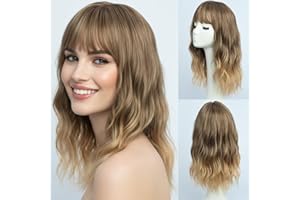 ‎SIMKAYLEE SIMKAYLEE Gewellt Lange Ombre Blonde Perücke mit Pony für Frauen locken Mittellang Blond Perücken Damen Halblang für den täglichen Gebrauch Party Medium Length Ombre Blonde Wigs (40 cm)